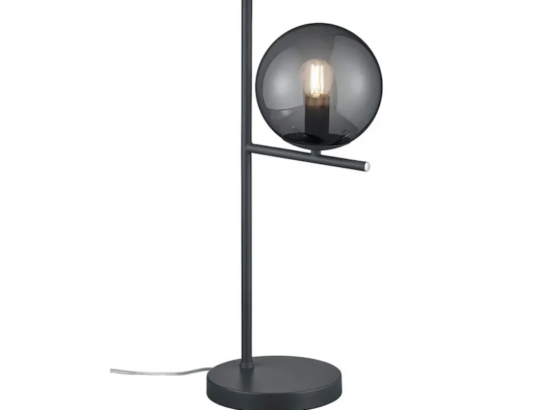 Design LED Tischleuchte Anthrazit Lampenschirm Glaskugel Rauchfarbig, Höhe 52cm