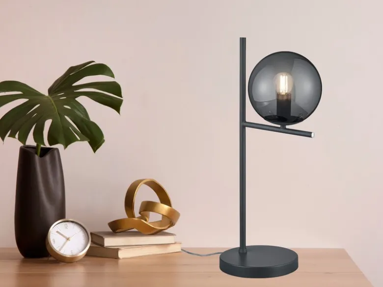Design LED Tischleuchte Anthrazit Lampenschirm Glaskugel Rauchfarbig, Höhe 52cm
