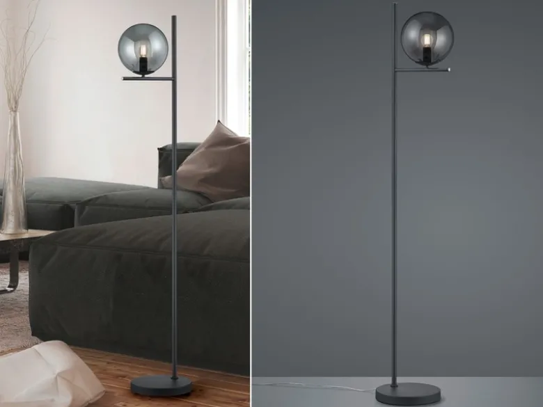 Design Stehleuchte PURE Anthrazit mit Lampenschirm Glaskugel Rauchfarbig, 150cm