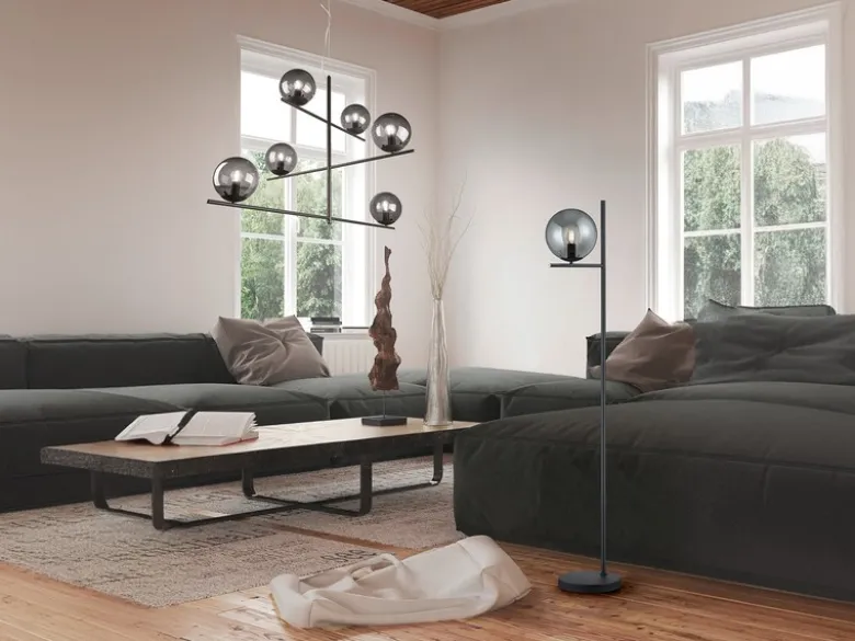 Design Stehleuchte PURE Anthrazit mit Lampenschirm Glaskugel Rauchfarbig, 150cm