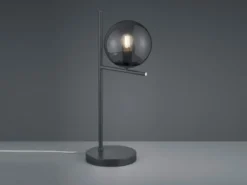 Design Tischleuchte PURE Anthrazit Lampenschirm Glaskugel Rauchfarbig, Höhe 52cm