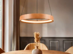 Dimmbare LED Ring Pendelleuchte LYNWOOD mit Naturholz Ø 50cm