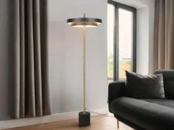 Dimmbare LED Stehlampe KEATON im modernen Design, Schwarz Gold, Höhe 138cm
