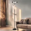 Dimmbare LED Stehleuchte CELESTE mit Holzelement & Glasschirm, Höhe 160cm