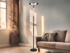 Dimmbare LED Stehleuchte CELESTE mit Holzelement & Glasschirm, Höhe 160cm