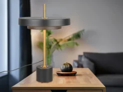 Dimmbare LED Tischlampe KEATON im modernen Design, Schwarz Gold, Höhe 45,5cm