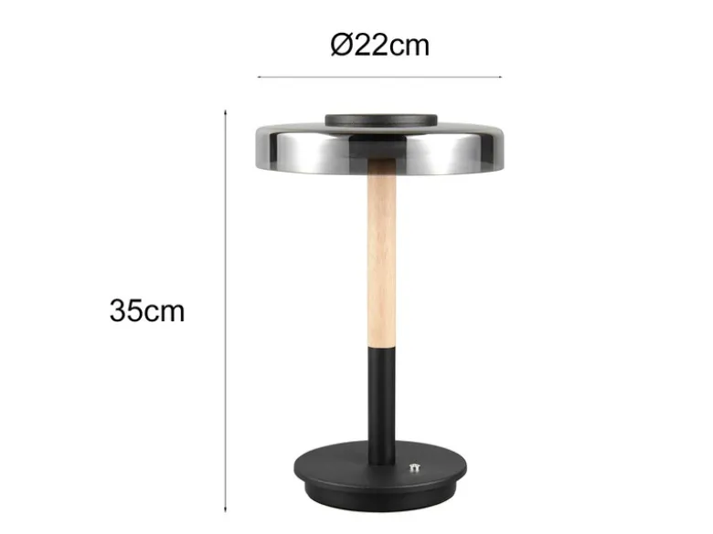 Dimmbare LED Tischleuchte CELESTE mit Holz & Glasschirm, Höhe 35cm