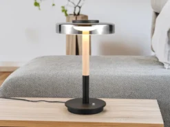 Dimmbare LED Tischleuchte CELESTE mit Holz & Glasschirm, Höhe 35cm