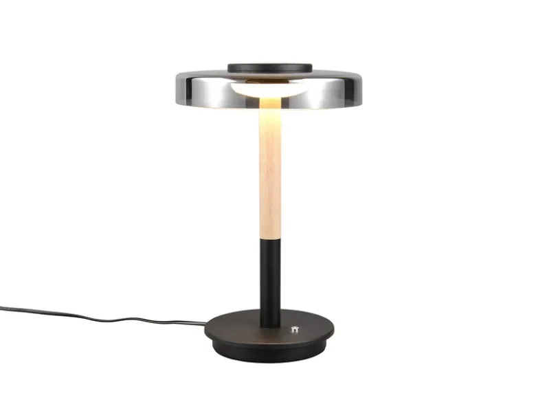 Dimmbare LED Tischleuchte CELESTE mit Holz & Glasschirm, Höhe 35cm