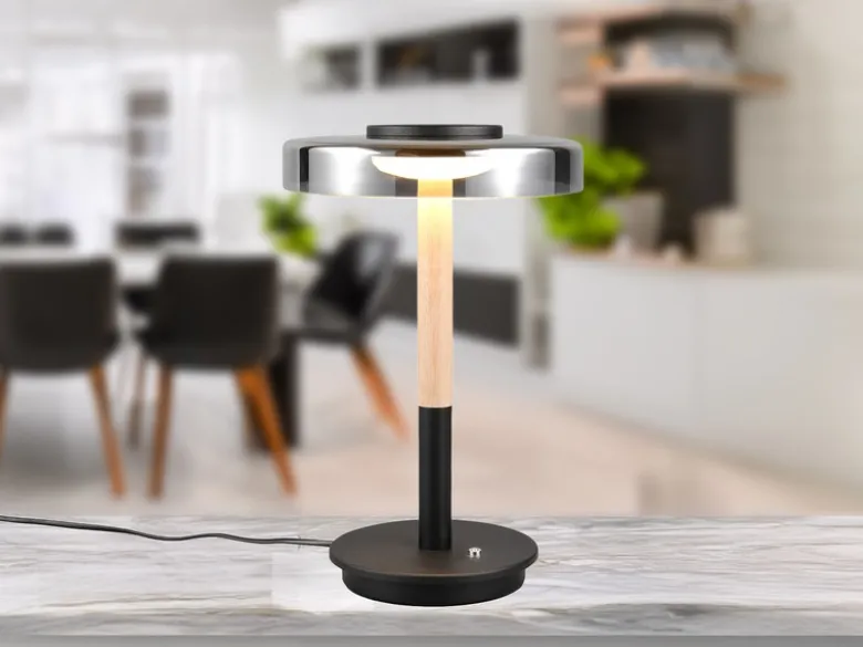 Dimmbare LED Tischleuchte CELESTE mit Holz & Glasschirm, Höhe 35cm