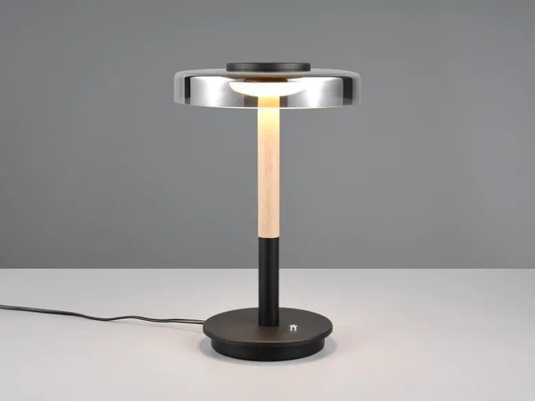 Dimmbare LED Tischleuchte CELESTE mit Holz & Glasschirm, Höhe 35cm