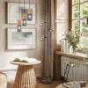 Dreiflammige LED Stehlampe mit schwenkbaren Metallgeflecht Spots Schwarz & Holz