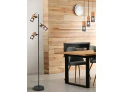 Dreiflammige LED Stehlampe mit schwenkbaren Metallgeflecht Spots Schwarz & Holz