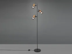 Dreiflammige LED Stehlampe mit schwenkbaren Metallgeflecht Spots Schwarz & Holz