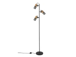 Dreiflammige LED Stehlampe mit schwenkbaren Metallgeflecht Spots Schwarz & Holz