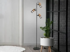 Dreiflammige LED Stehlampe mit schwenkbaren Metallgeflecht Spots Schwarz & Holz