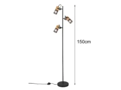 Dreiflammige LED Stehlampe mit schwenkbaren Metallgeflecht Spots Schwarz & Holz