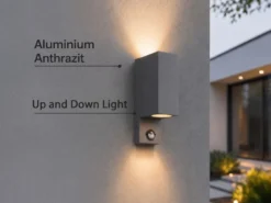 Eckige Außenwandleuchte ROYA Up & Down mit Bewegungsmelder, Anthrazit, Höhe 22cm