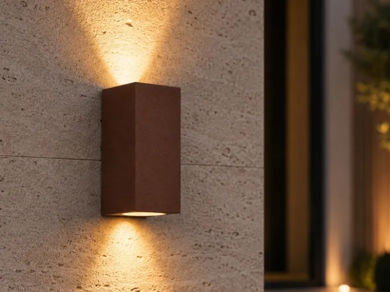 Eckige Außenwandleuchte Up and Down Rostoptik mit GU10 LED, Höhe 15cm
