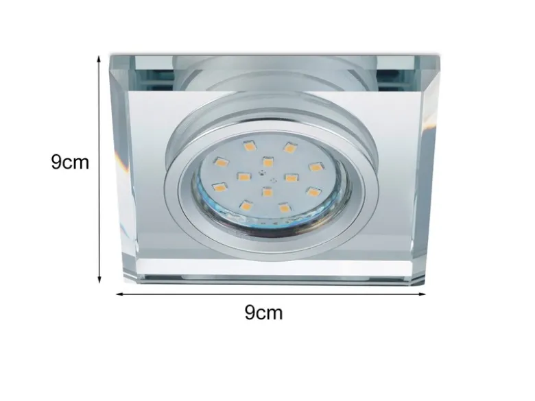 Eckiger LED Deckeneinbaustrahler in Silber Chrom mit Kristallglas 9 x 9cm