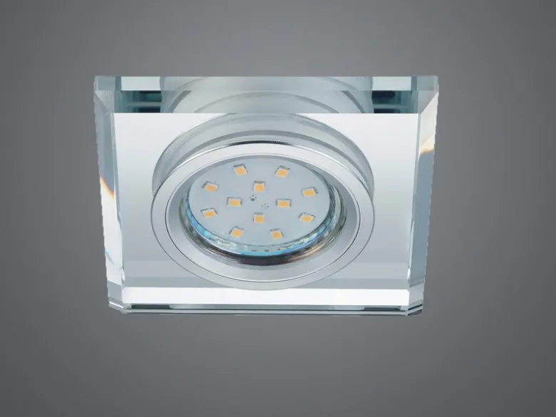 Eckiger LED Deckeneinbaustrahler in Silber Chrom mit Kristallglas 9 x 9cm