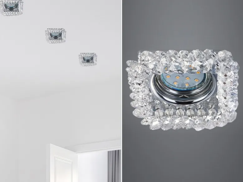 Eckiger LED Deckeneinbaustrahler in Silber Chrom mit Kristallglas 10 x 10cm
