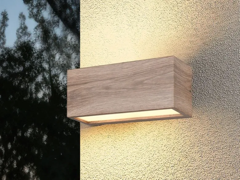 Eckige Up & Downlight Außenwandleuchte MAYENNE Holzoptik, Breite 25cm