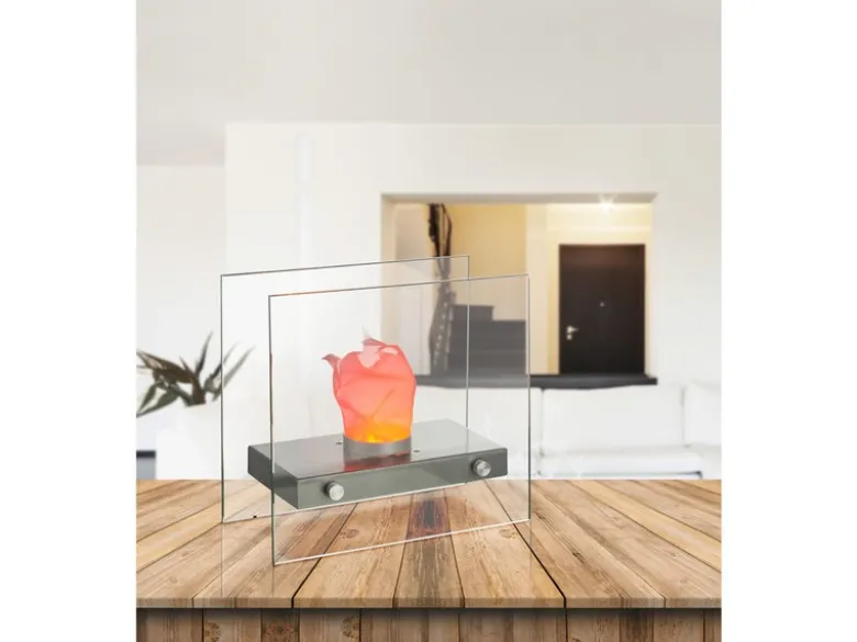 Effektvolle LED Tischlampe FIRE im Design Tischkamin, Glas 30,5 x 15 cm
