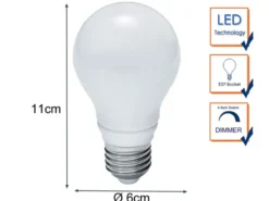 E27 LED - 8,5 Watt, 806 Lumen, 3000 Kelvin warmweiß Ø6cm - 3 Stufen Dimmer