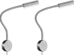 2er LED Wand Leselampen Silber mit Stecker, dimmbar per Gestik, Breite 8cm