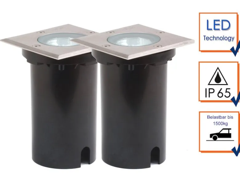 2er SET Außen Bodeneinbaustrahler 11 x 11cm IP65, Edelstahl, bis 1500 kg