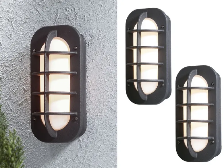 2er Set Außenwandleuchte LOKE mit Steckdose, Alu schwarz, Acrylglas opal