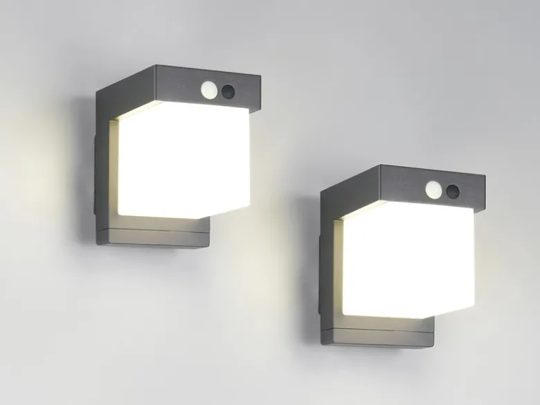 2er SET Außenwandleuchten mit Solar und Strom, Hybrid mit Bewegungsmelder