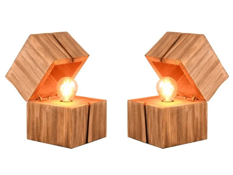 2-er SET aufklappbare LED Tischleuchten aus Holz Natur, Höhe 16cm