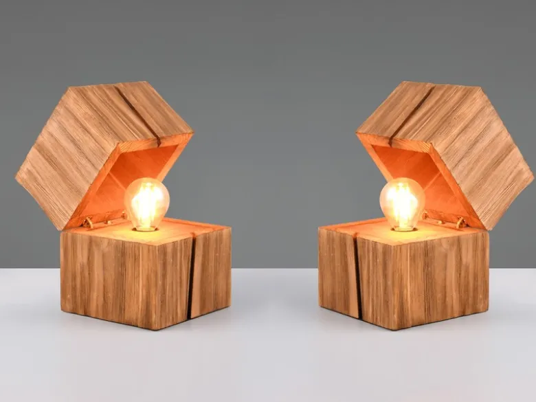2-er SET aufklappbare LED Tischleuchten aus Holz Natur, Höhe 16cm