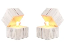 2-er SET aufklappbare LED Tischleuchten aus Holz Weiß, Höhe 16cm