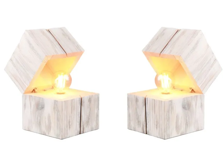 2-er SET aufklappbare LED Tischleuchten aus Holz Weiß, Höhe 16cm