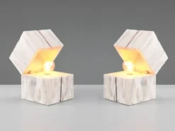 2-er SET aufklappbare LED Tischleuchten aus Holz Weiß, Höhe 16cm