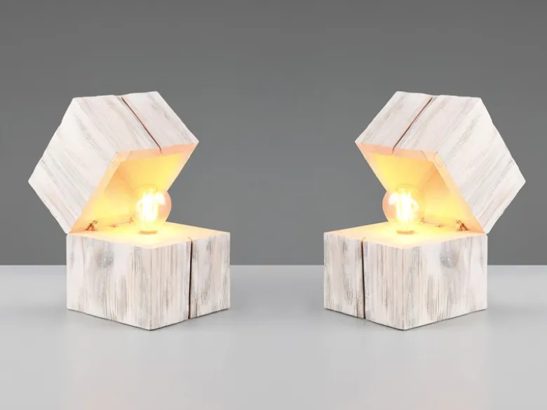2-er SET aufklappbare LED Tischleuchten aus Holz Weiß, Höhe 16cm