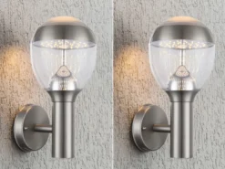 2er Set ausgefallene LED Außenwandleuchten aus Edelstahl in Silber, Höhe 32cm