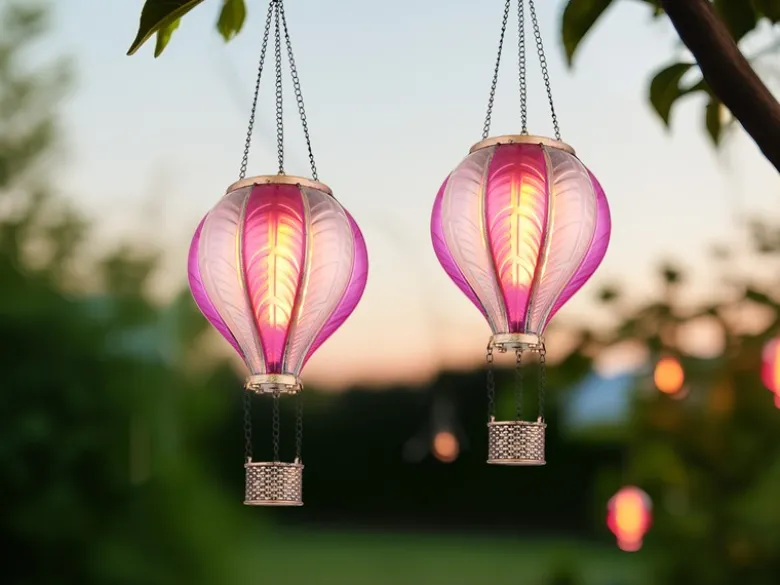 2er Set Deko Solarleuchte mit Heißluftballon in Pink & Rosa, Höhe 46,5cm