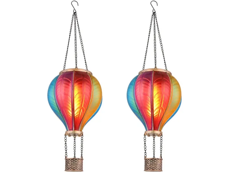2er Set Deko Solarleuchten mit buntem Heißluftballon aus Kunststoff, Höhe 46,5cm