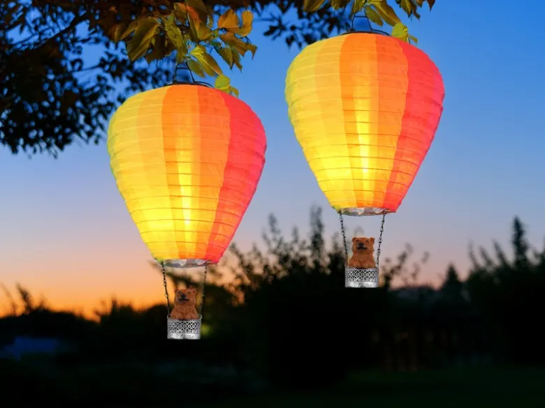 2er Set Deko Solarleuchten mit buntem Heißluftballon & Bär im Korb, Höhe 44cm