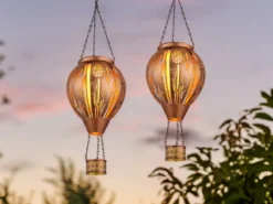 2er Set Deko Solarleuchten mit Heißluftballon Metall Kupfer innen Gold, H: 46cm