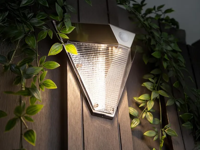 2er Set Dreieckige LED Solar Außenleuchte, Bewegungsmelder, Edelstahl, Downlight