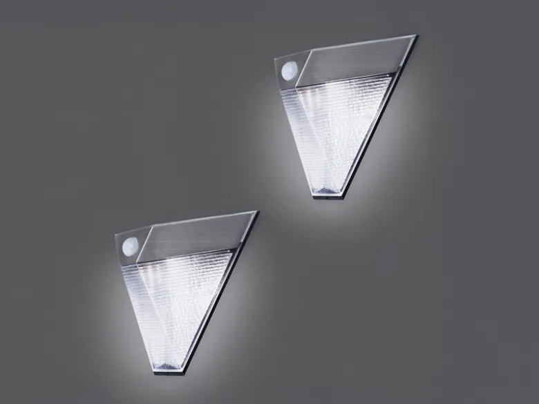 2er Set Dreieckige LED Solar Außenleuchte, Bewegungsmelder, Edelstahl, Downlight