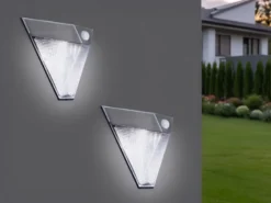 2er Set Dreieckige LED Solar Außenleuchte, Bewegungsmelder, Edelstahl, Downlight