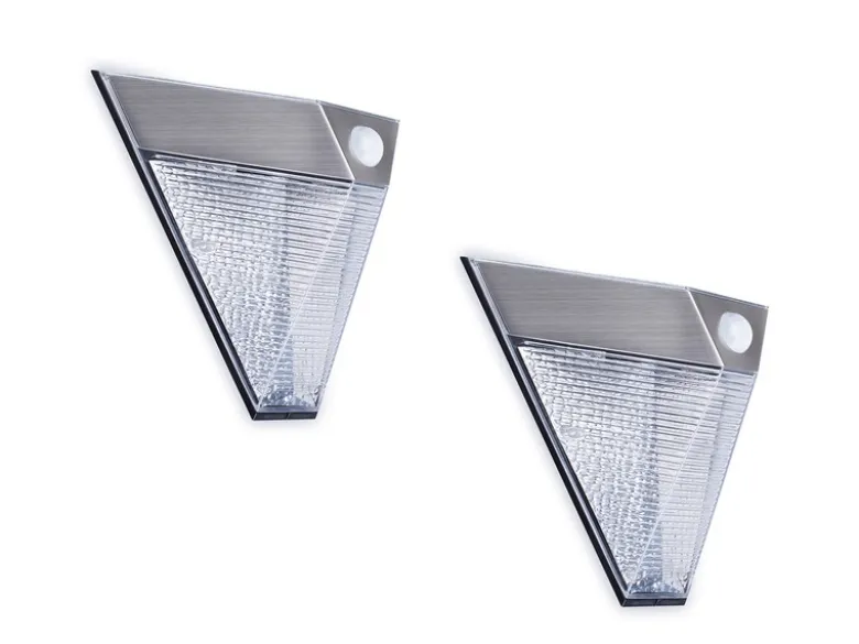 2er Set Dreieckige LED Solar Außenleuchte, Bewegungsmelder, Edelstahl, Downlight