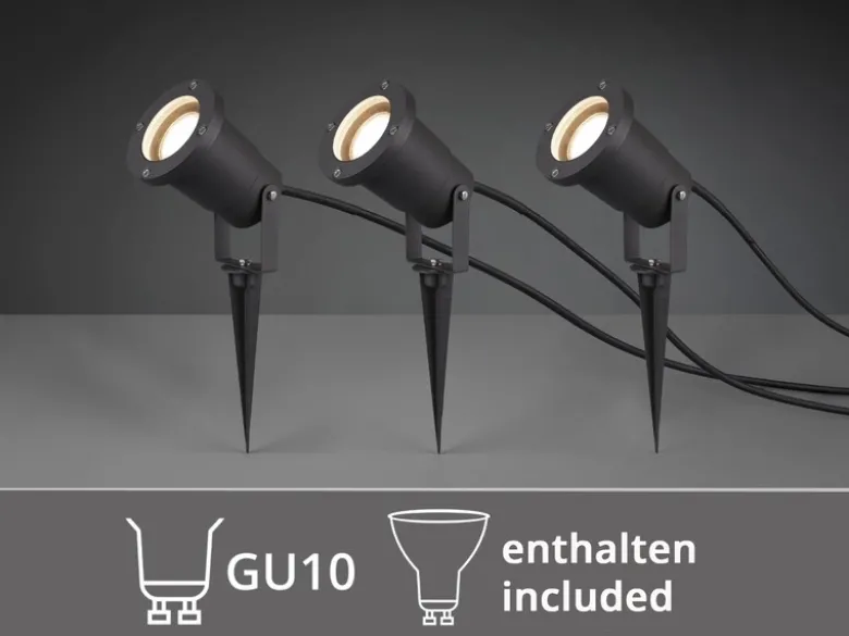 3-er SET Gartenstrahler mit Erdspieß, Anschlusskabel, Stecker & GU10 LED