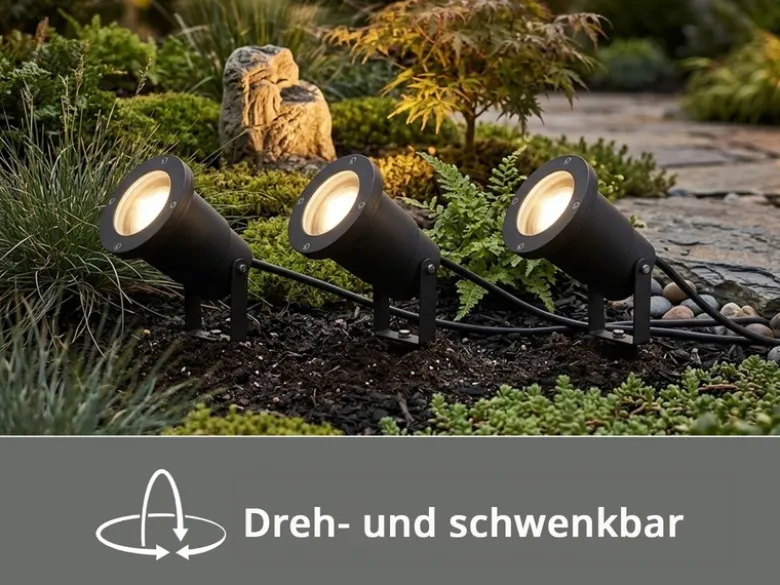 3-er SET Gartenstrahler mit Erdspieß, Anschlusskabel, Stecker & GU10 LED